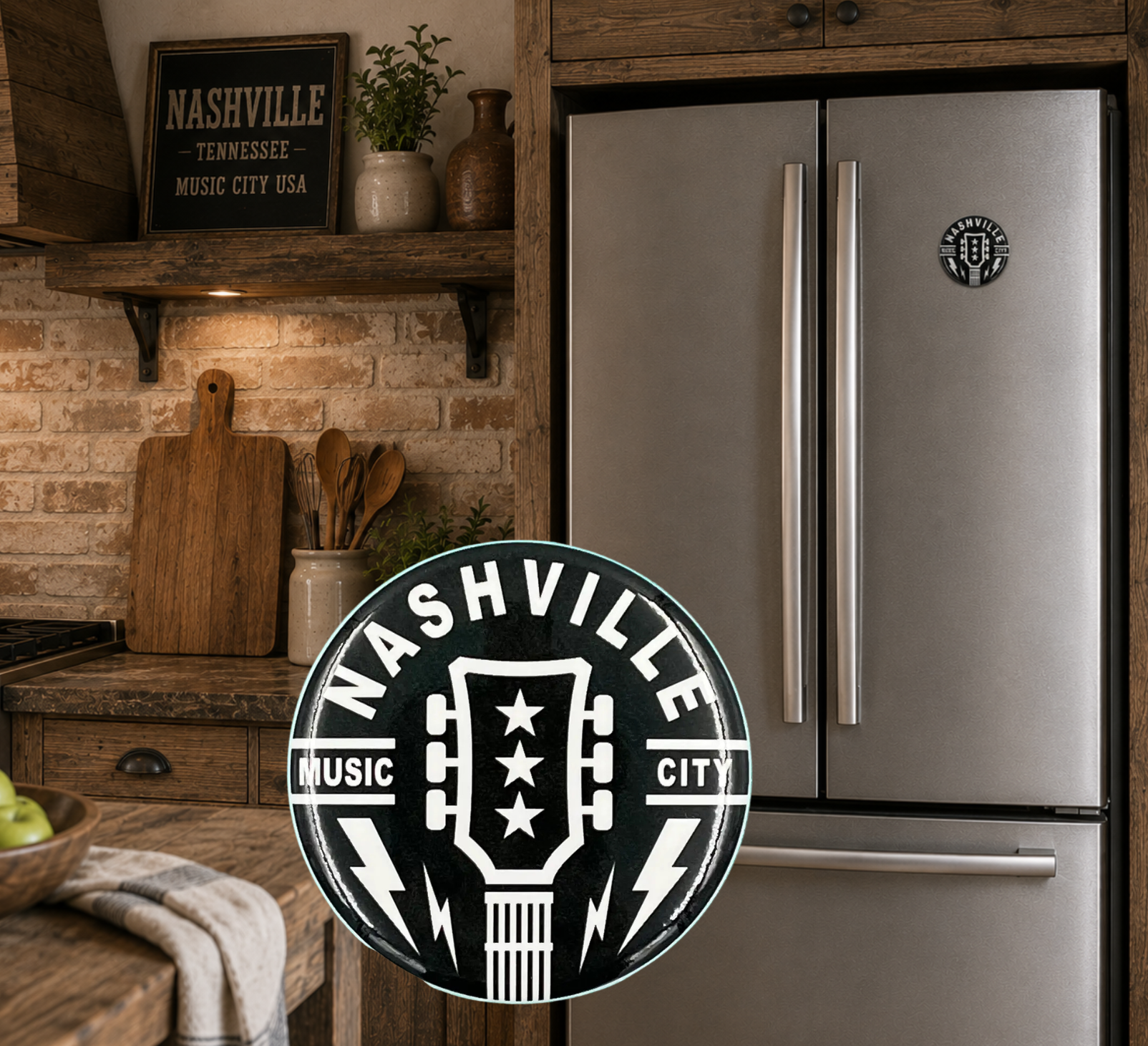 Nashville Music City Guitar refrigerator magnet with a diameter of 2.25". This is a durable and functional fridge magnet featuring a high-gloss, weather-resistant finish, a heavy magnet back and high quality, full color face print on brilliant white paper stock for the best quality. Available in or Smyrna Tn shop, not far from Nashville.