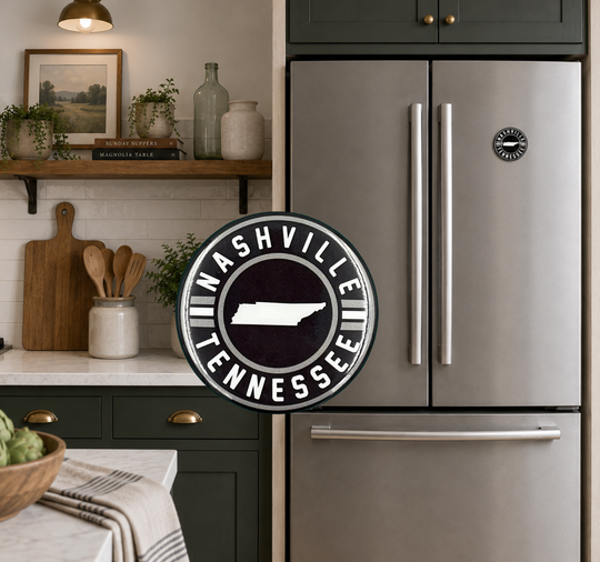 Nashville Tennessee refrigerator magnet with a diameter of 2.25". This is a durable and functional fridge magnet featuring a high-gloss, weather-resistant finish, a heavy magnet back and high quality, full color face print on brilliant white paper stock for the best quality. Available in or Smyrna Tn shop, not far from Nashville.