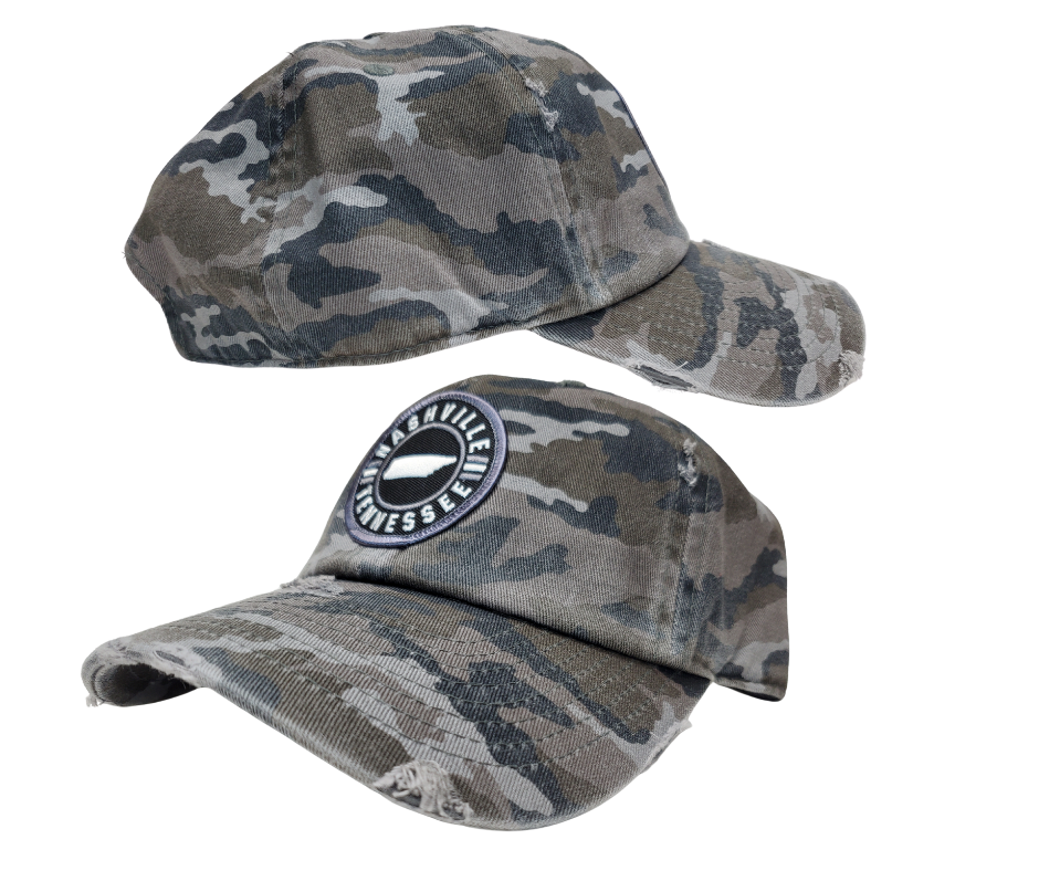 Embroidered Nashville Tennessee Patch Vintage distressed washed style 100% breathable premium cotton Pre-curved visor with 8-row stitching on visor. Matching under visor 6 panel low profile unconstructed Lightweight, durable, smooth, with a hint of stretch One size fits most, Adjustable metal buckle back closure. Shop now at our Smyrna, TN store or online.