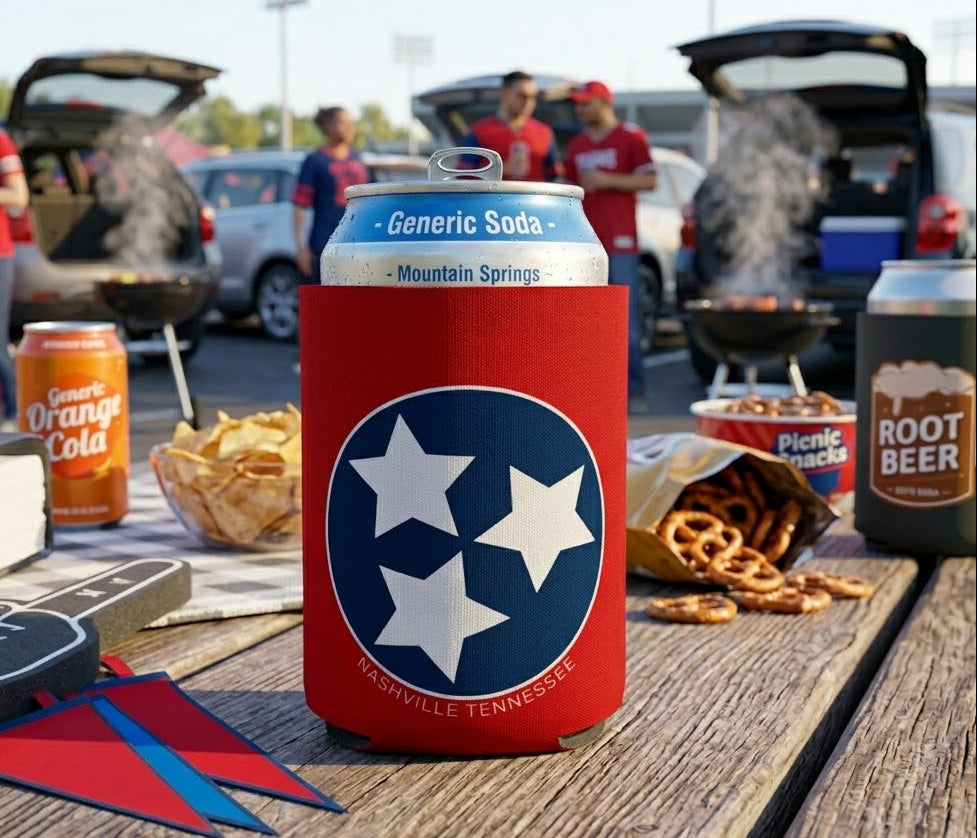 Nashville Tennessee Tristar Can Cooler. These can coolers fit most 12 oz. cans and bottles and are made with polyurethane foam for premium insulation. Sublimation screen printing methods to imprint the design for the best results. Part of our Home section at our Smyrna, TN shop.

Collapsible