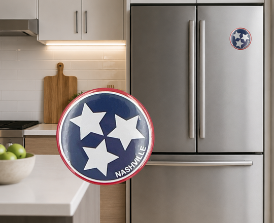 Tristar Nashville refrigerator magnet with a diameter of 2.25". This is a durable and functional fridge magnet featuring a high-gloss, weather-resistant finish, a heavy magnet back and high quality, full color face print on brilliant white paper stock for the best quality. Available in or Smyrna Tn shop, not far from Nashville.