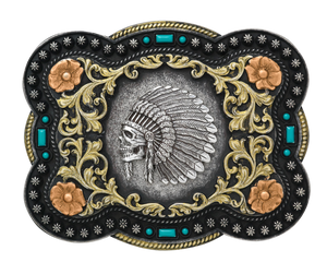 We've named this one after the legendary Apache leader. Show off your adventurous side with simulated turquoise stone accents, a beaded trim, and classic western saddle scrolling. It measures approx. 2 1/2" tall by 3 1/2" wide and is available both online and in our shop in Smyrna, TN, just outside of Nashville!