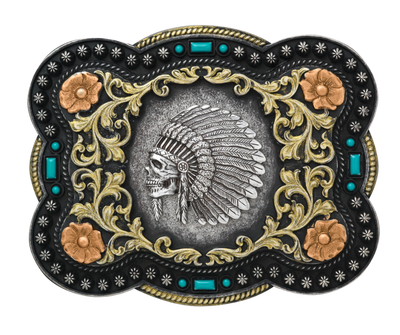 We've named this one after the legendary Apache leader. Show off your adventurous side with simulated turquoise stone accents, a beaded trim, and classic western saddle scrolling. It measures approx. 2 1/2" tall by 3 1/2" wide and is available both online and in our shop in Smyrna, TN, just outside of Nashville!