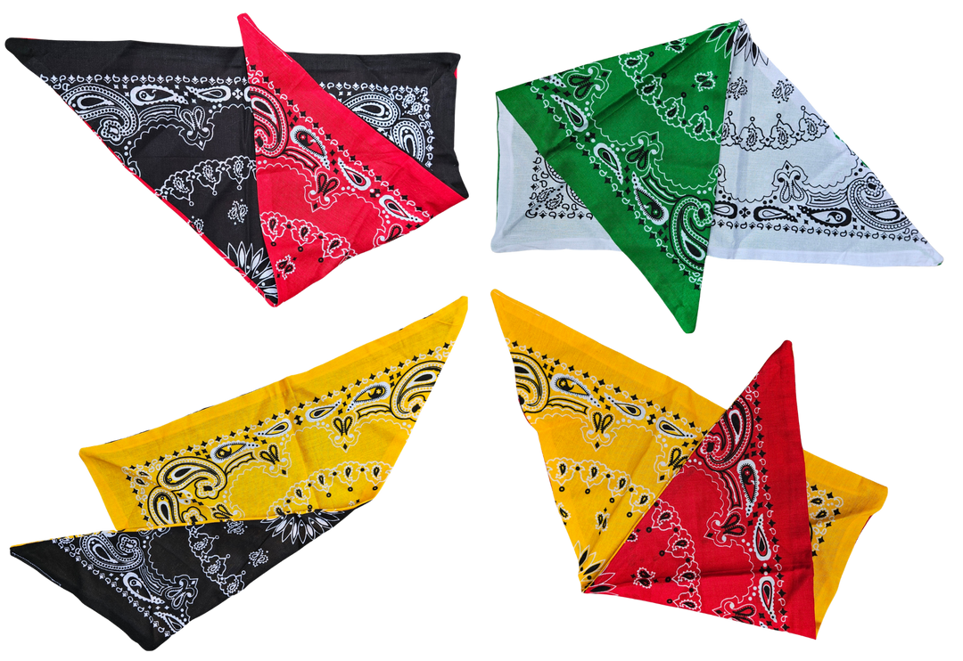 Color combination Bandanas. Great for your MC, Favorite Sport team or just to match a outfit! Made in a "TRIANGLE" with OPPOSITE sides of White or Black. Plus they&