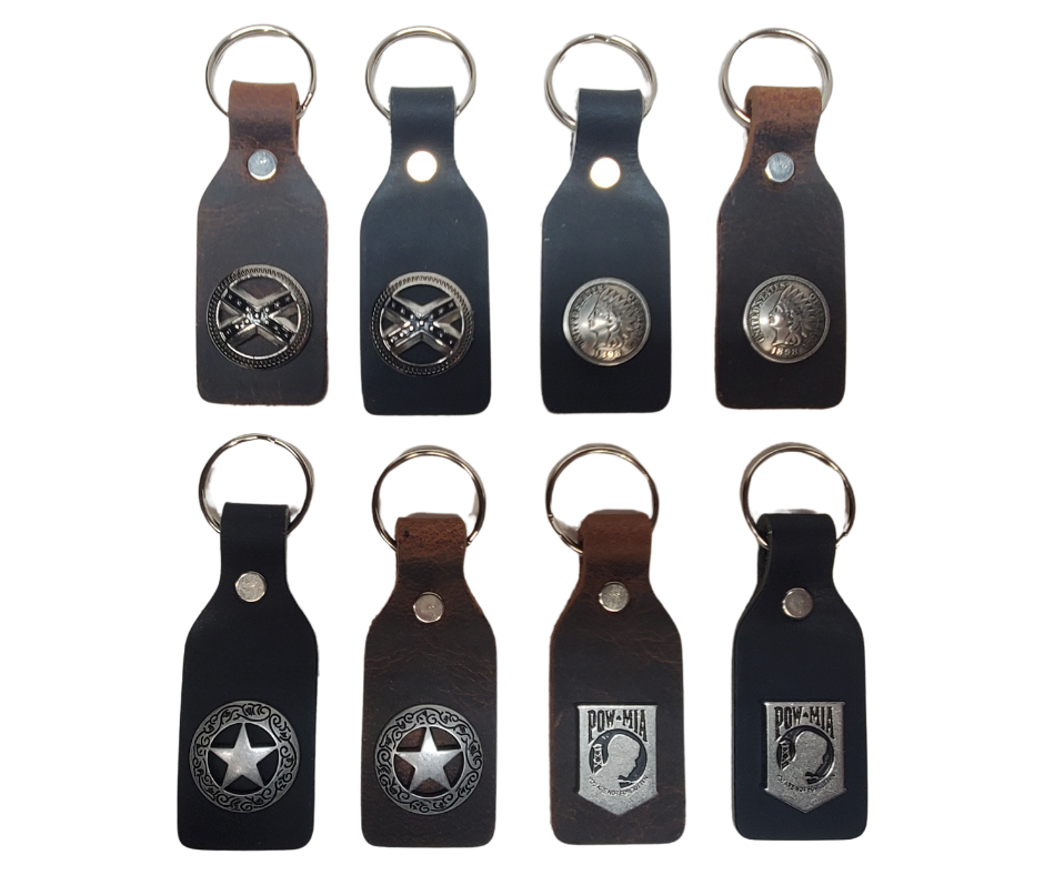 Always know where your keys are with this Concho Leather Key Fob Holder. It's a stylish way to keep your important keys close by. Made in our Smyrna, TN shop just outside Nashville, TN, this holder easily attaches to your belt or bag, ensuring convenience wherever you go..