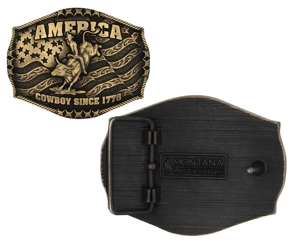 Stand for liberty and Western heritage for all with the Cowboy Since 1776 Attitude Buckle. The waving American flag provides the backdrop for the design. The word "America" sits above the bull rider figure. The words "Cowboy Since 1776" is beneath the bull rider figure. A roped border with barbed wire design creates the edge of the buckle, giving the piece a rustic look. Fits 1.5 inch belts. Find it online or at our shop just outside Nashville in Smyrna, TN.