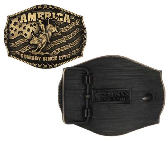 Stand for liberty and Western heritage for all with the Cowboy Since 1776 Attitude Buckle. The waving American flag provides the backdrop for the design. The word "America" sits above the bull rider figure. The words "Cowboy Since 1776" is beneath the bull rider figure. A roped border with barbed wire design creates the edge of the buckle, giving the piece a rustic look. Fits 1.5 inch belts. Find it online or at our shop just outside Nashville in Smyrna, TN.