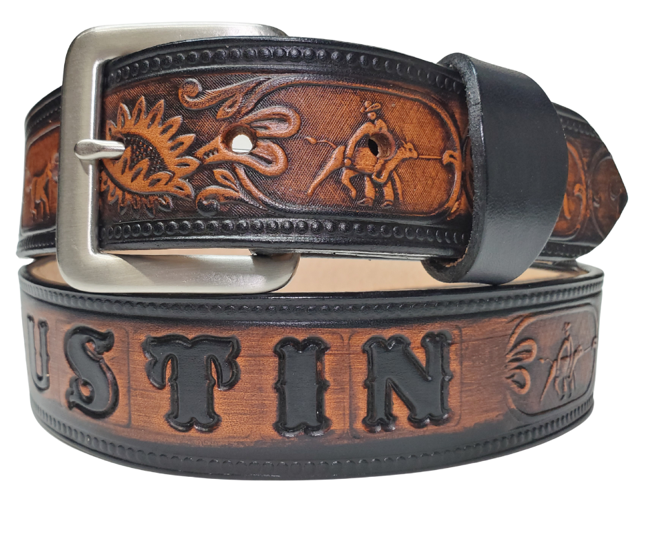 The Cowtown Name Belt is a Rodeo themed pattern. If your training hard to improve your time on your event this will help at least on how you look doing it! Made from heavy 9/10 oz. veg-tan cowhide in a 1 1/2" width with snaps for easy buckle change. Ships in a bout a week personalized for our Smyrna, TN shop not from Millers Colosseum in Murfreesboro.