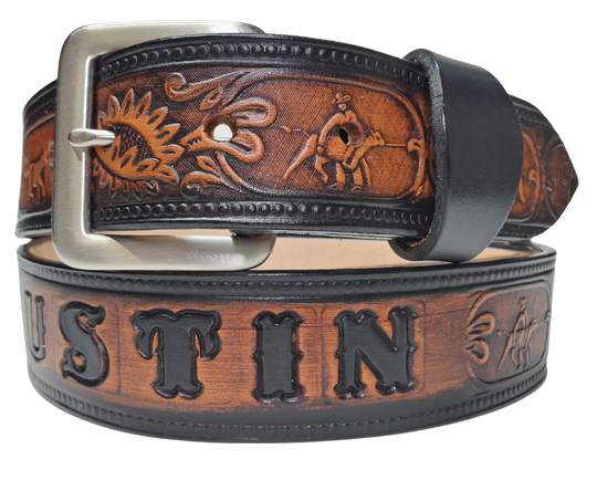 The Cowtown Name Belt is a Rodeo themed pattern. If your training hard to improve your time on your event this will help at least on how you look doing it! Made from heavy 9/10 oz. veg-tan cowhide in a 1 1/2" width with snaps for easy buckle change. Ships in a bout a week personalized for our Smyrna, TN shop not from Millers Colosseum in Murfreesboro.