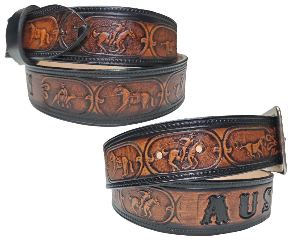 The Cowtown Name Belt is a Rodeo themed pattern. If your training hard to improve your time on your event this will help at least on how you look doing it! Made from heavy 9/10 oz. veg-tan cowhide in a 1 1/2" width with snaps for easy buckle change. Ships in a bout a week personalized for our Smyrna, TN shop not from Millers Colosseum in Murfreesboro.