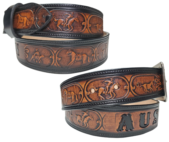 The Cowtown Name Belt is a Rodeo themed pattern. If your training hard to improve your time on your event this will help at least on how you look doing it! Made from heavy 9/10 oz. veg-tan cowhide in a 1 1/2" width with snaps for easy buckle change. Ships in a bout a week personalized for our Smyrna, TN shop not from Millers Colosseum in Murfreesboro.