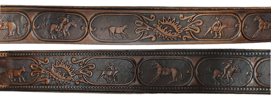 The Cowtown Name Belt is a Rodeo themed pattern. If your training hard to improve your time on your event this will help at least on how you look doing it! Made from heavy 9/10 oz. veg-tan cowhide in a 1 1/2" width with snaps for easy buckle change. Ships in a bout a week personalized for our Smyrna, TN shop not from Millers Colosseum in Murfreesboro.