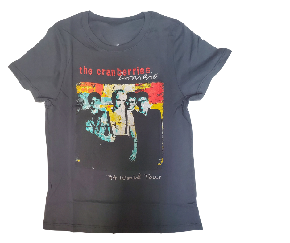 The Cranberries Zombie Tee will remind you of those Zombie with vintage style graphics and tour dates on the back. Super soft feel. A few left in stock at our Smyrna, TN shop.

Sizing measurements:
Chest under arm pit S-16", M-17", LRG 18", XL-19", 2X- 20"
Length top of neck to bottom of shirt S -24, M-25", L-26", XL-27", 2X-28"