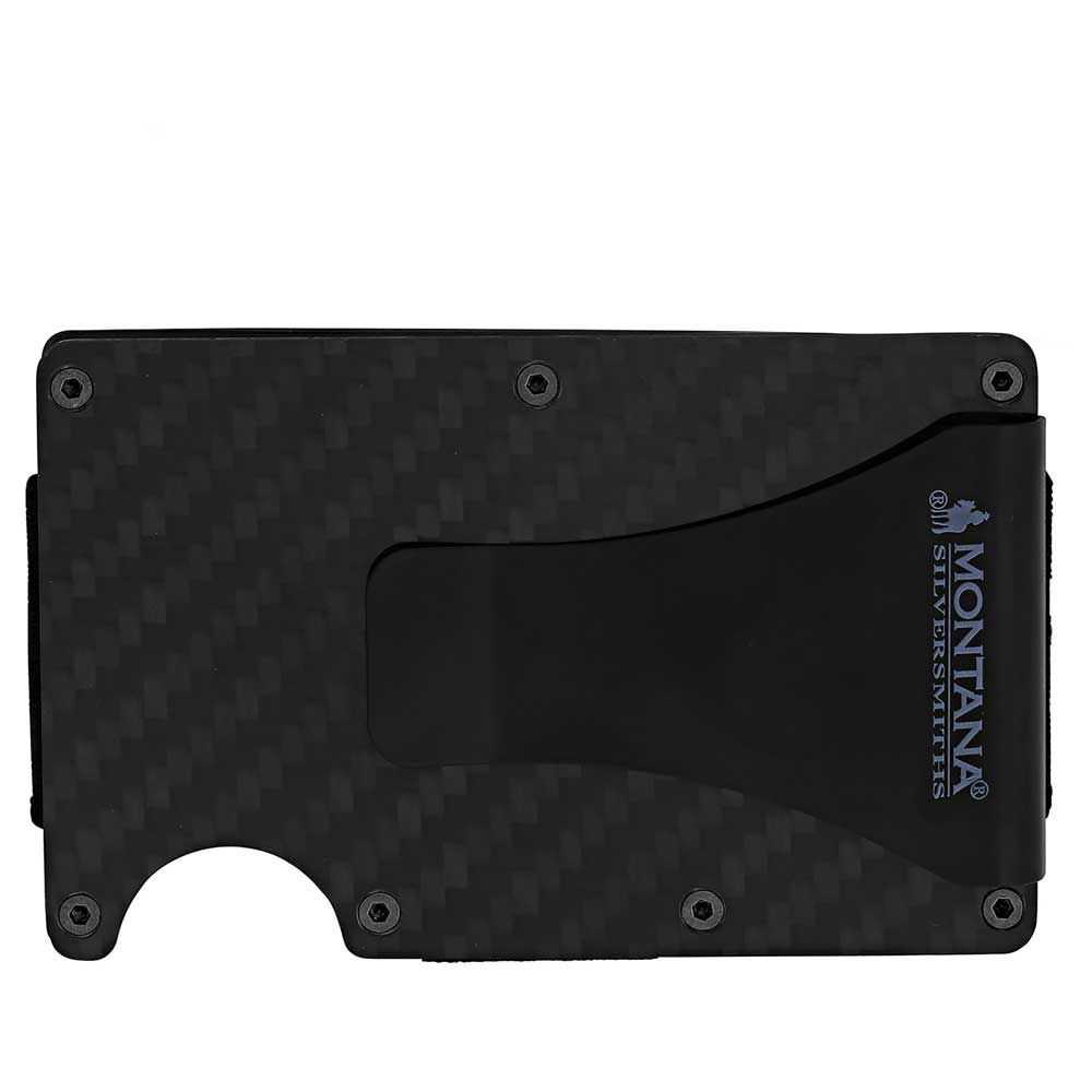 Available at our shop just outside Nashville in Smyrna, TN. Our All American Bronze Credit Card Holder is a beaut! It offers a distinctive, slim design that is practical and comfortable in your hand and pocket, making it an everyday essential. One side with a bronze finished panel of Montana Silversmiths signature bright-cut engraving. The Carbon Fiber side has a clip that can hold your cash. Holder expands to hold a multitude of cards with thick elastic bands.