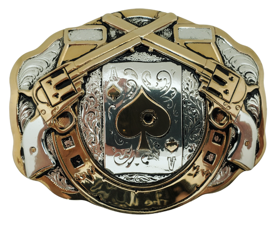 Wear a saloon Poker game with the Hole in the Ace Belt Buckle. Plated and polished nickel and Brass. Fits 1 1/2" belts and measuring approx. 3 1/4" tall x 4 1/4" wide accented with all the Western you can handle!&nbsp; stones. Get it at our shop in Smyrna, TN, outside Nashville. Made in Mexico.