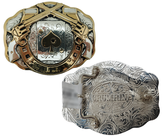 Wear a saloon Poker game with the Hole in the Ace Belt Buckle. Plated and polished nickel and Brass. Fits 1 1/2" belts and measuring approx. 3 1/4" tall x 4 1/4" wide accented with all the Western you can handle!&nbsp; stones. Get it at our shop in Smyrna, TN, outside Nashville. Made in Mexico.