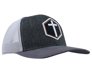 Show the world what you’re made of in this classic “Cross” Cap by Kerusso® in Black/White. God sent His only Son, Jesus Christ, to die on the cross in exchange for our sins. Jesus’ choice to give His life to purchase our forgiveness changed everything! That’s a message worth sharing at every opportunity. Pick yours up at our Smyrna,TN shop just a 20 minute drive outside of downtown Nashville.  Color: Grey/White 100% Cotton Tweed front 100% Polyester mesh back One size fits most