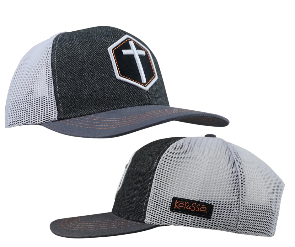 Show the world what you’re made of in this classic “Cross” Cap by Kerusso® in Black/White. God sent His only Son, Jesus Christ, to die on the cross in exchange for our sins. Jesus’ choice to give His life to purchase our forgiveness changed everything! That’s a message worth sharing at every opportunity. Pick yours up at our Smyrna,TN shop just a 20 minute drive outside of downtown Nashville.  Color: Grey/White 100% Cotton Tweed front 100% Polyester mesh back One size fits most