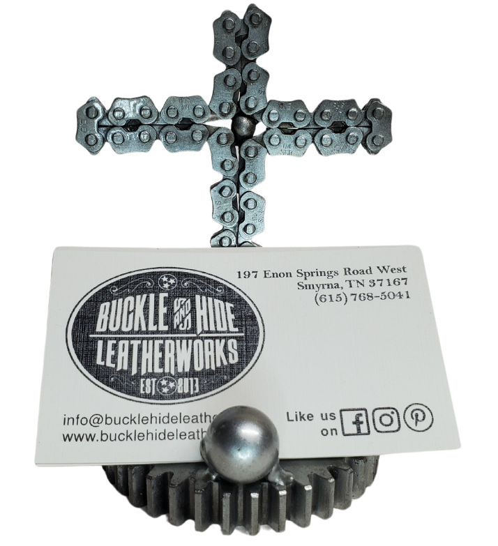 Looking for a unique way to enhance your office? Consider this one-of-a-kind metal art Business Card holder! It's the perfect gift for any Christian or Jesus Follower! Each piece is hand-crafted using sprockets, chains, nuts, bolts, washers, springs, and bearing wheels, making it a truly one-of-a-kind present. For exact measurements, check out the photo. You can find these METAL artwork pieces at our Smyrna store, located just minutes from Nashville, TN.