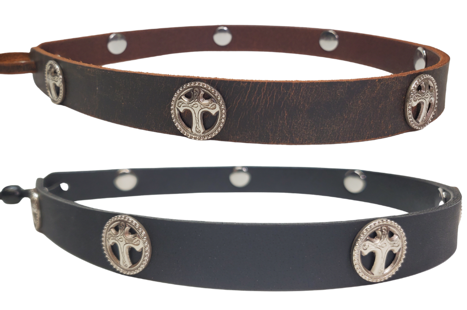 Sideview   Our 7 Cross Concho leather hatband is 3/4" wide by 23" (without tie string). Available in black or brown, pick one or a few. Fit's most any hat with adjustable bead and leather 1/8" string. Will fit most TOP HAT style and WESTERN crowned hats. Made in our Smyrna Tn. shop.
