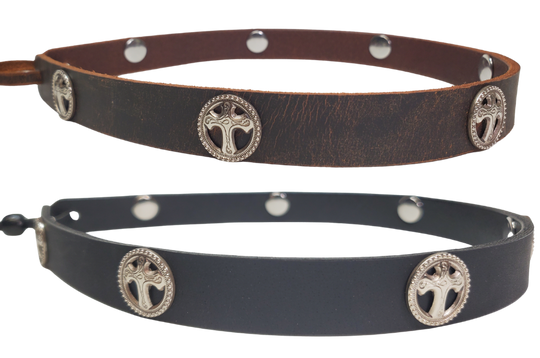 Sideview   Our 7 Cross Concho leather hatband is 3/4" wide by 23" (without tie string). Available in black or brown, pick one or a few. Fit's most any hat with adjustable bead and leather 1/8" string. Will fit most TOP HAT style and WESTERN crowned hats. Made in our Smyrna Tn. shop.