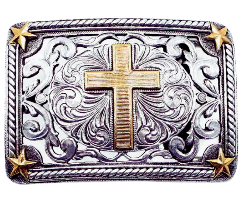 Discover the traditional Western engraving, stars, and vines design with a Cross right in the center. Paul said "I am not ashamed of the Gospel of Christ" This antique gold and silver buckle is highlighted with a partial rope edge border. Fit's up 1 3/4" belts and is approx. 3" H x 3 7/8" W. Available at our Smyrna, TN shop, just a quick drive away from Nashville.