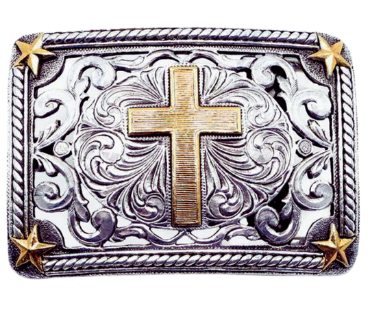 Discover the traditional Western engraving, stars, and vines design with a Cross right in the center. Paul said "I am not ashamed of the Gospel of Christ" This antique gold and silver buckle is highlighted with a partial rope edge border. Fit&