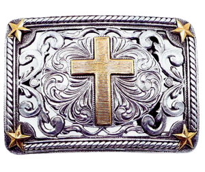 Discover the traditional Western engraving, stars, and vines design with a Cross right in the center. Paul said "I am not ashamed of the Gospel of Christ" This antique gold and silver buckle is highlighted with a partial rope edge border. Fit's up 1 3/4" belts and is approx. 3" H x 3 7/8" W. Available at our Smyrna, TN shop, just a quick drive away from Nashville.