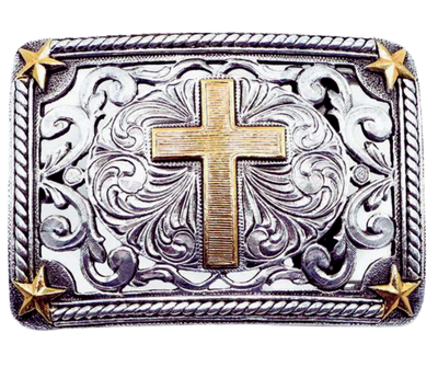 Discover the traditional Western engraving, stars, and vines design with a Cross right in the center. Paul said "I am not ashamed of the Gospel of Christ" This antique gold and silver buckle is highlighted with a partial rope edge border. Fit's up 1 3/4" belts and is approx. 3" H x 3 7/8" W. Available at our Smyrna, TN shop, just a quick drive away from Nashville.