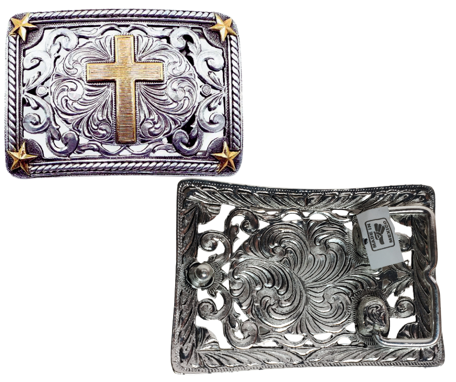 Discover the traditional Western engraving, stars, and vines design with a Cross right in the center. Paul said "I am not ashamed of the Gospel of Christ" This antique gold and silver buckle is highlighted with a partial rope edge border. Fit's up 1 3/4" belts and is approx. 3" H x 3 7/8" W. Available at our Smyrna, TN shop, just a quick drive away from Nashville.