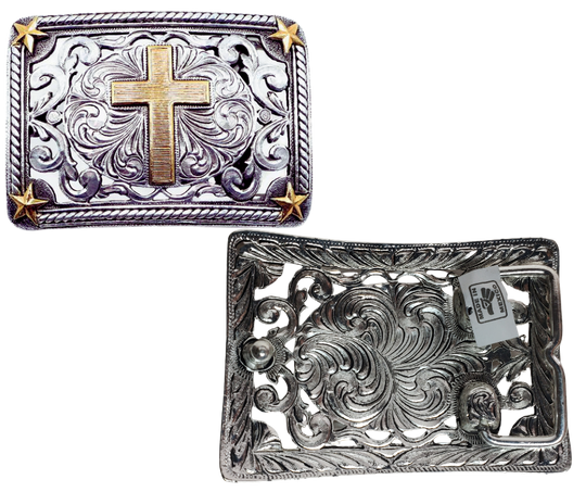 Discover the traditional Western engraving, stars, and vines design with a Cross right in the center. Paul said "I am not ashamed of the Gospel of Christ" This antique gold and silver buckle is highlighted with a partial rope edge border. Fit&