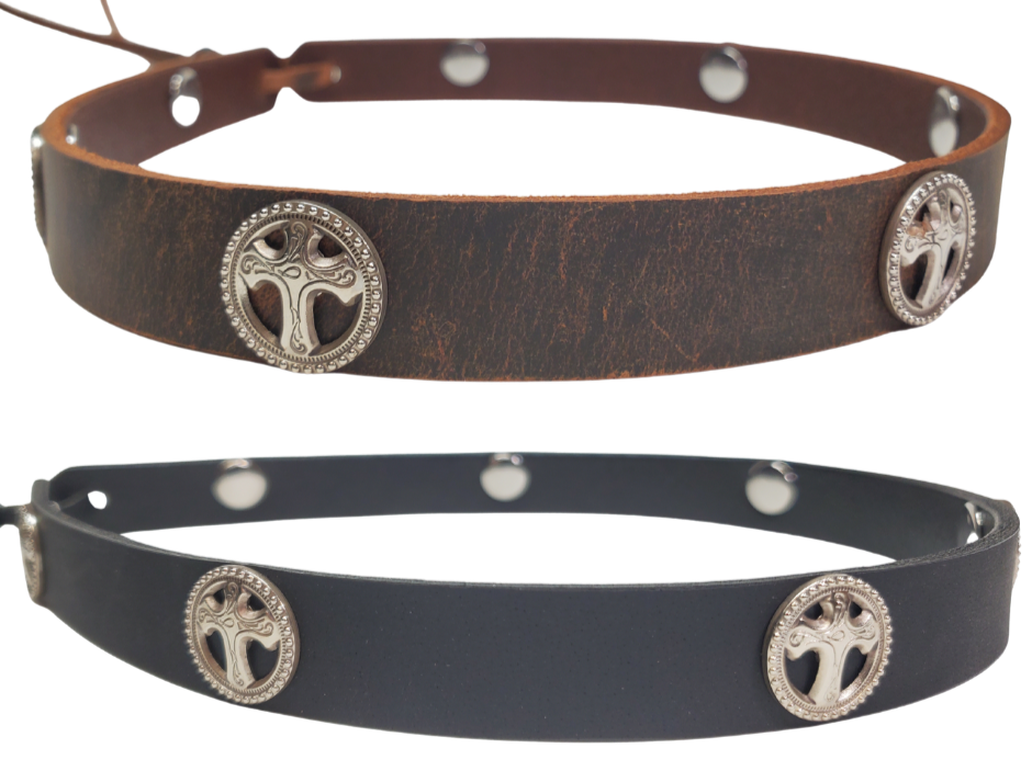 Our 7 Cross Concho leather hatband is 3/4" wide by 23" (without tie string). Available in black or brown, pick one or a few. Fit's most any hat with adjustable bead and leather 1/8" string. Will fit most TOP HAT style and WESTERN crowned hats. Made in our Smyrna Tn. shop.