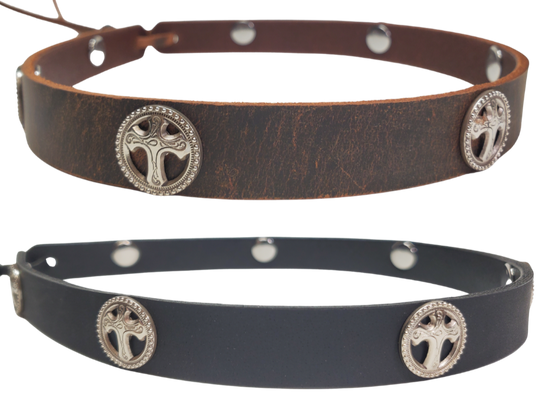 Our 7 Cross Concho leather hatband is 3/4" wide by 23" (without tie string). Available in black or brown, pick one or a few. Fit's most any hat with adjustable bead and leather 1/8" string. Will fit most TOP HAT style and WESTERN crowned hats. Made in our Smyrna Tn. shop.
