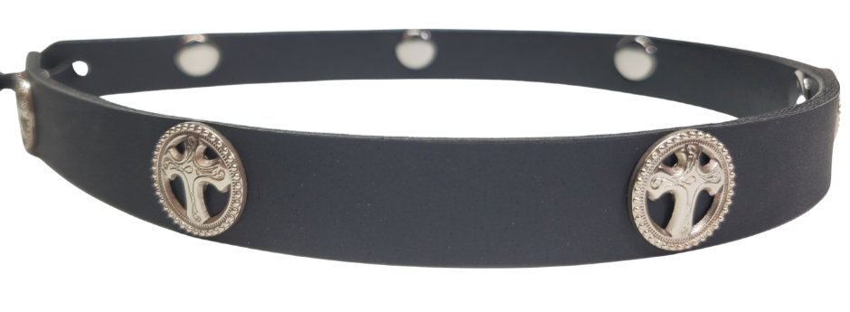 Black Our 7 Cross Concho leather hatband is 3/4" wide by 23" (without tie string). Available in black or brown, pick one or a few. Fit's most any hat with adjustable bead and leather 1/8" string. Will fit most TOP HAT style and WESTERN crowned hats. Made in our Smyrna Tn. shop.