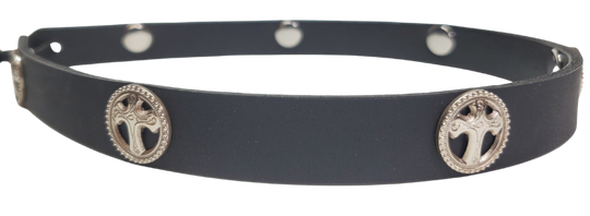 Black Our 7 Cross Concho leather hatband is 3/4" wide by 23" (without tie string). Available in black or brown, pick one or a few. Fit's most any hat with adjustable bead and leather 1/8" string. Will fit most TOP HAT style and WESTERN crowned hats. Made in our Smyrna Tn. shop.