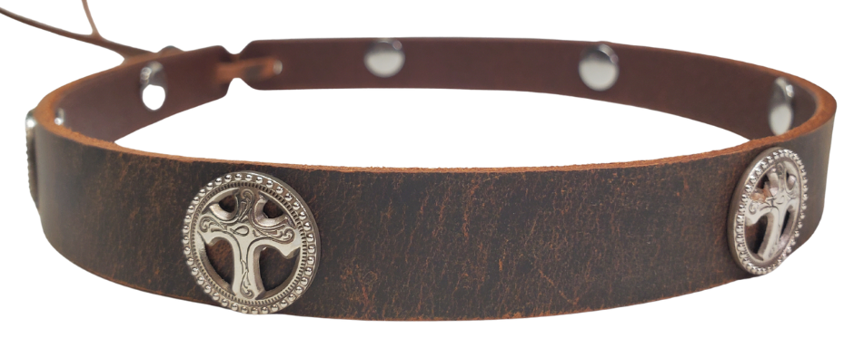 Distressed Brown. Our 7 Cross Concho leather hatband is 3/4" wide by 23" (without tie string). Available in black or brown, pick one or a few. Fit's most any hat with adjustable bead and leather 1/8" string. Will fit most TOP HAT style and WESTERN crowned hats. Made in our Smyrna Tn. shop.