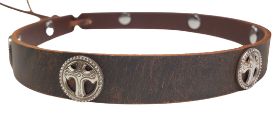 Distressed Brown. Our 7 Cross Concho leather hatband is 3/4" wide by 23" (without tie string). Available in black or brown, pick one or a few. Fit's most any hat with adjustable bead and leather 1/8" string. Will fit most TOP HAT style and WESTERN crowned hats. Made in our Smyrna Tn. shop.
