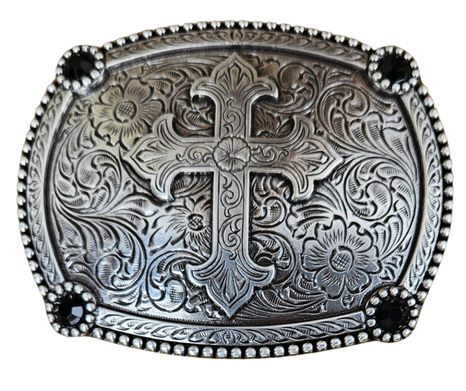 The Cross Trails Cross buckle fit's in at any Cowboy church or fixing fences. This oval rectangular belt buckle features a Antique Silver-colored western scroll design with a Cross in the center, surrounded by 4 Black stones. You can find it at our retail shop in Smyrna, TN, located just outside of Nashville.
Measuring 3" tall by 4" wide,
Fit's belts up to 1 1/2" wide.
Imported