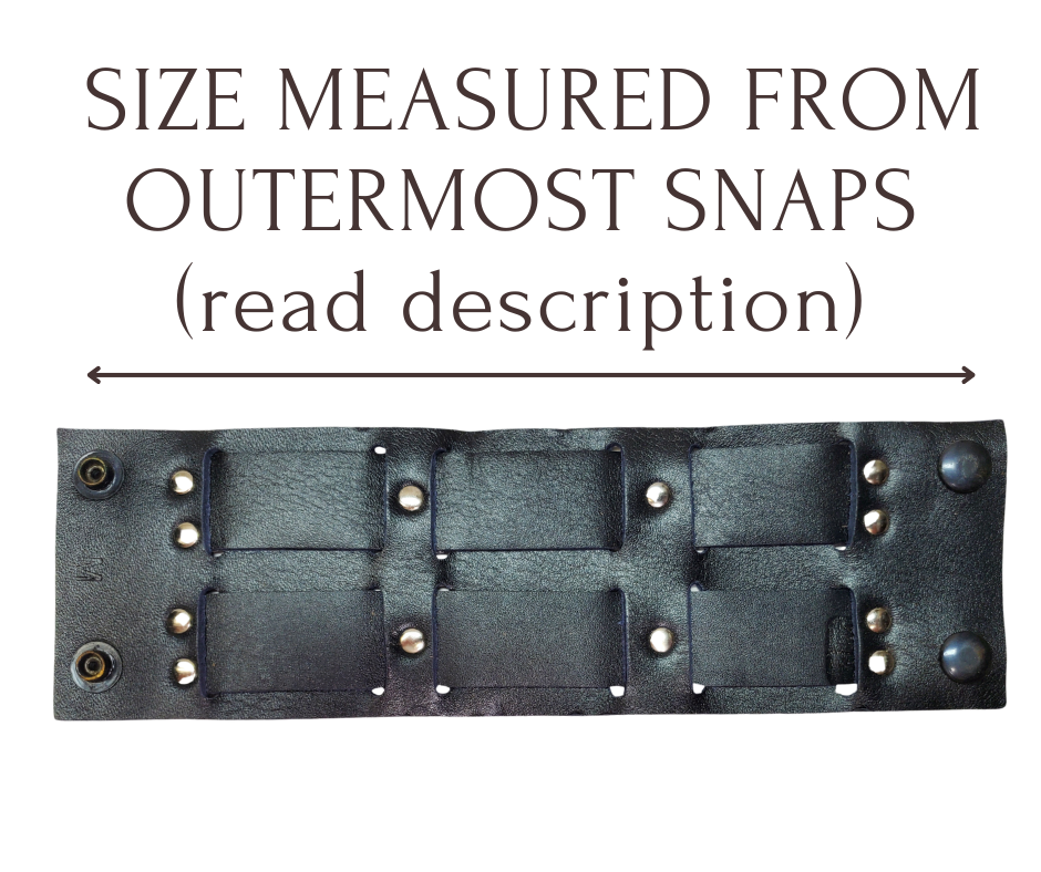 Show off your rocker style with our 2 3/4" Wide Laced Leather Cuff. Featuring two leather strips woven through a broad band, it channels that edgy Rocker vibe. Crafted from soft leather, it promises a comfy fit all day long. Hurry—limited quantities available at our Smyrna, TN store!

PLEASE NOTE SIZING (see picture) SMALL 8", MEDIUM 8 1/2", LARGE 9". Sizing may vary slightly with each cuff.