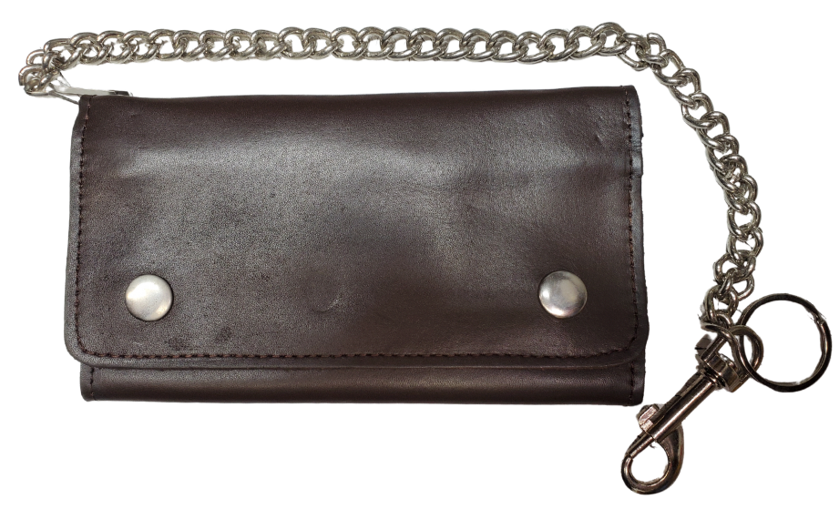 The "Charlie" is a popular Long Style Tri-fold Chain Wallet in a smooth chocolate brown. It's a thinned Cowhide LEATHER with nylon lining for a lighter weight and slimmer profile! Inside are 13 nylon lined card slots and an I.D. slot, 1 nylon lined zippered pocket, 3 underneath cash slots, for all your important stash. Complete with a 16" chrome plated chain. Size is 7" x 3 1/2" when snapped closed. Fully open is approx. 11 1/4" x 7". Like most wallets, over stuffing will limit the time of use. Imported