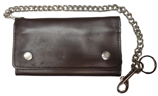 The "Charlie" is a popular Long Style Tri-fold Chain Wallet in a smooth chocolate brown. It's a thinned Cowhide LEATHER with nylon lining for a lighter weight and slimmer profile! Inside are 13 nylon lined card slots and an I.D. slot, 1 nylon lined zippered pocket, 3 underneath cash slots, for all your important stash. Complete with a 16" chrome plated chain. Size is 7" x 3 1/2" when snapped closed. Fully open is approx. 11 1/4" x 7". Like most wallets, over stuffing will limit the time of use. Imported
