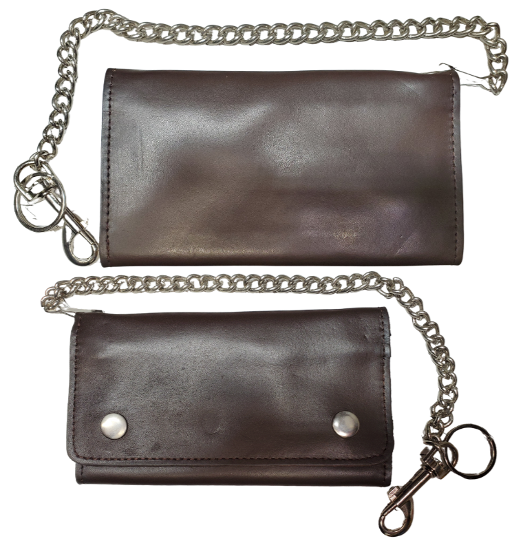 The "Charlie" is a popular Long Style Tri-fold Chain Wallet in a smooth chocolate brown. It's a thinned Cowhide LEATHER with nylon lining for a lighter weight and slimmer profile! Inside are 13 nylon lined card slots and an I.D. slot, 1 nylon lined zippered pocket, 3 underneath cash slots, for all your important stash. Complete with a 16" chrome plated chain. Size is 7" x 3 1/2" when snapped closed. Fully open is approx. 11 1/4" x 7". Like most wallets, over stuffing will limit the time of use. Imported