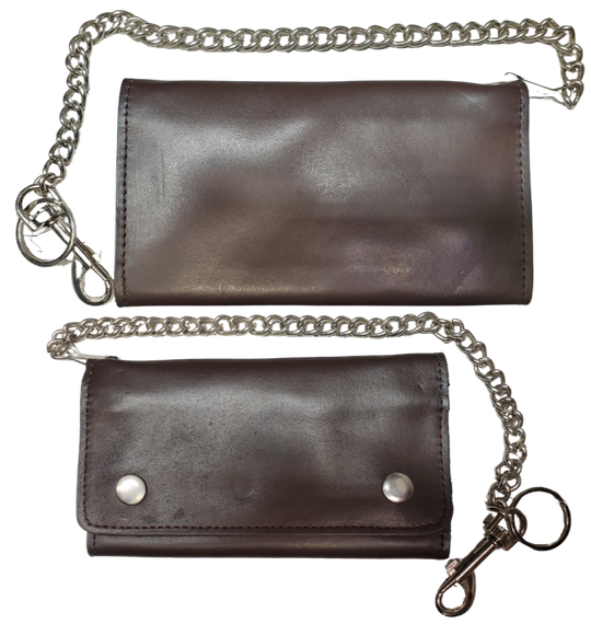 The "Charlie" is a popular Long Style Tri-fold Chain Wallet in a smooth chocolate brown. It's a thinned Cowhide LEATHER with nylon lining for a lighter weight and slimmer profile! Inside are 13 nylon lined card slots and an I.D. slot, 1 nylon lined zippered pocket, 3 underneath cash slots, for all your important stash. Complete with a 16" chrome plated chain. Size is 7" x 3 1/2" when snapped closed. Fully open is approx. 11 1/4" x 7". Like most wallets, over stuffing will limit the time of use. Imported