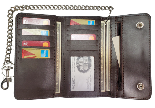 The "Charlie" is a popular Long Style Tri-fold Chain Wallet in a smooth chocolate brown. It's a thinned Cowhide LEATHER with nylon lining for a lighter weight and slimmer profile! Inside are 13 nylon lined card slots and an I.D. slot, 1 nylon lined zippered pocket, 3 underneath cash slots, for all your important stash. Complete with a 16" chrome plated chain. Size is 7" x 3 1/2" when snapped closed. Fully open is approx. 11 1/4" x 7". Like most wallets, over stuffing will limit the time of use. Imported