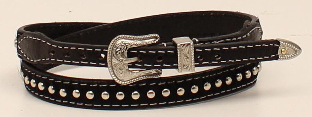 Calf Roper hatband features a Calf hair body with Round silver Studs and White stitching around the nearly the entire band. This hatband uses a belt style adjustment with a rounded silver buckle. Get these at our Smyrna, TN shop not far from Franklin, TN.

Tapers 1/2" to 3/8"
Measures 27"Genuine
Adjustable Leather Strap