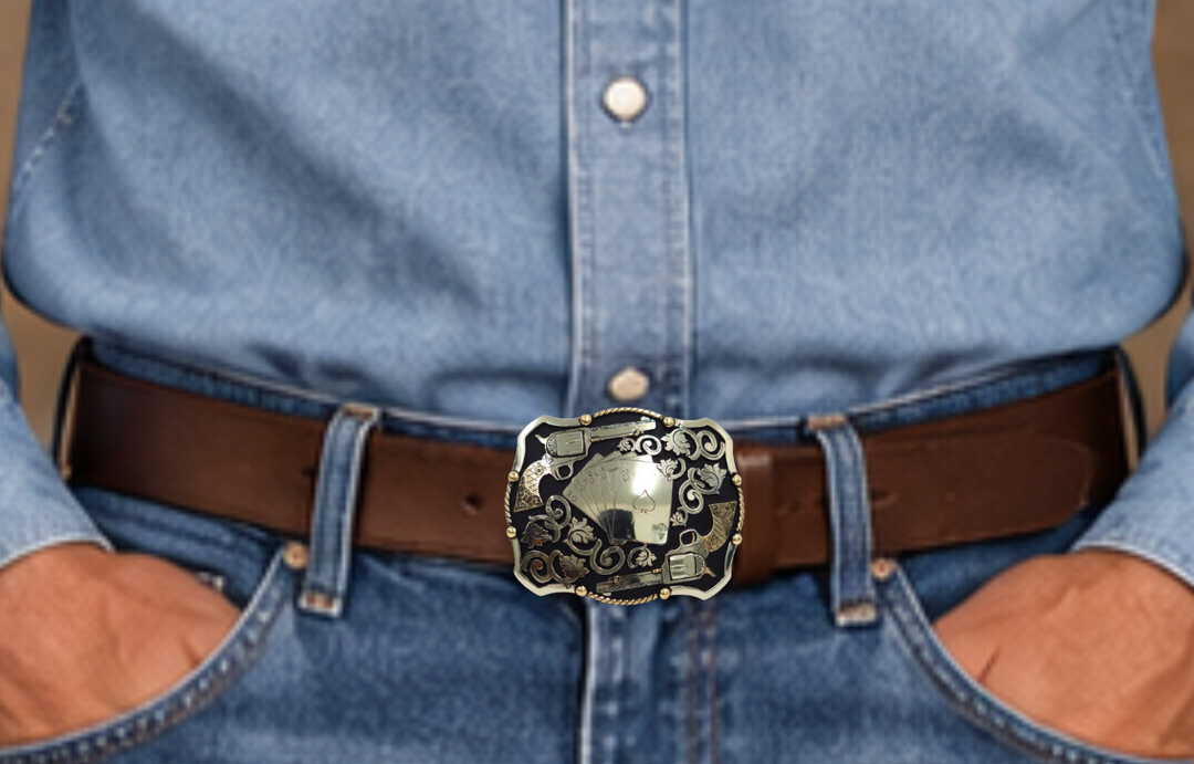The Card Shark buckle features a Dead Man&