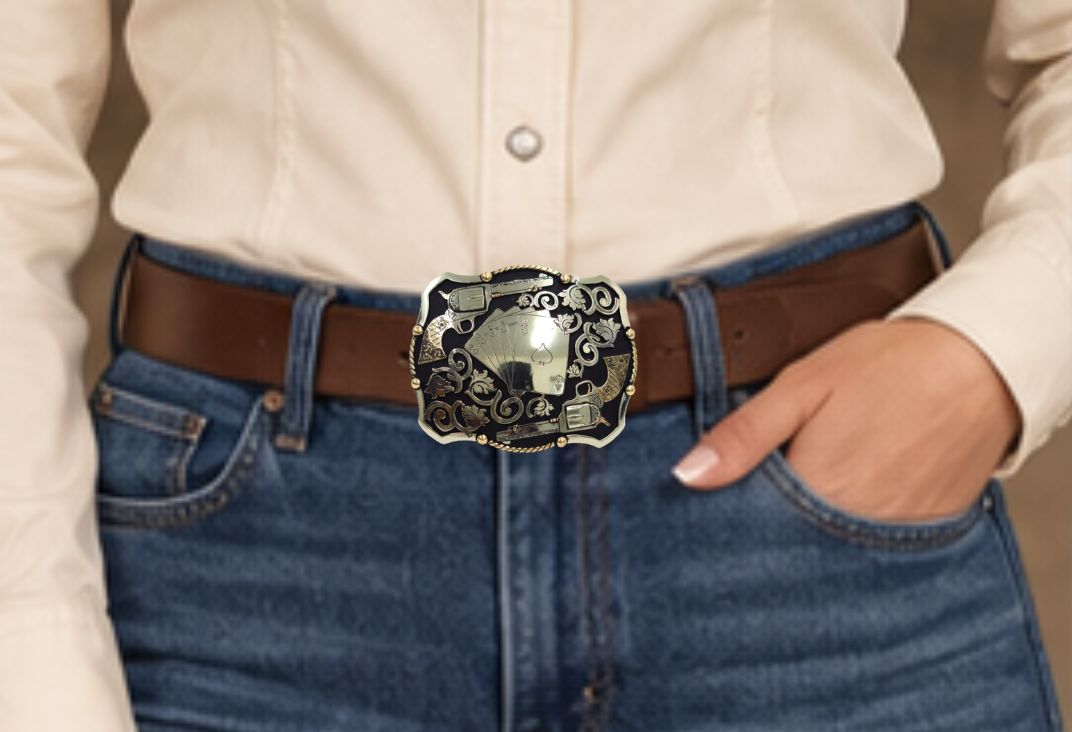 The Card Shark buckle features a Dead Man&