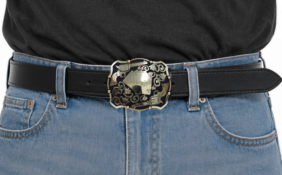 The Card Shark buckle features a Dead Man&