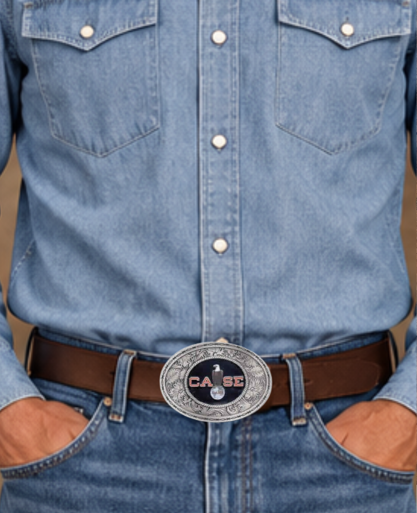 Case Western Belt Buckle-Oval Shape Licensed Case Western Buckle Fits 1 1/2 inch wide belts Approx. size 2 3/4"H x 3 3/4"W Available online and in our shop in Smyrna, TN, just outside of Nashville