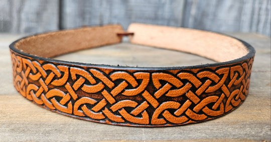 Our Celtic Western Styled Hatband is Hand Stained is 1" in width. It will up to up to size 7 1/2 hat. Fit&